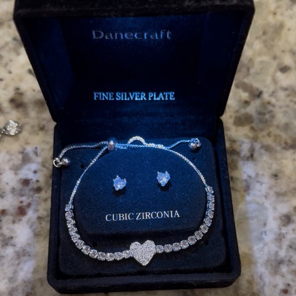 Danecraft Fine Silver Plate Cubic Zirconia Heart Tennis Bracelet Earrings Set